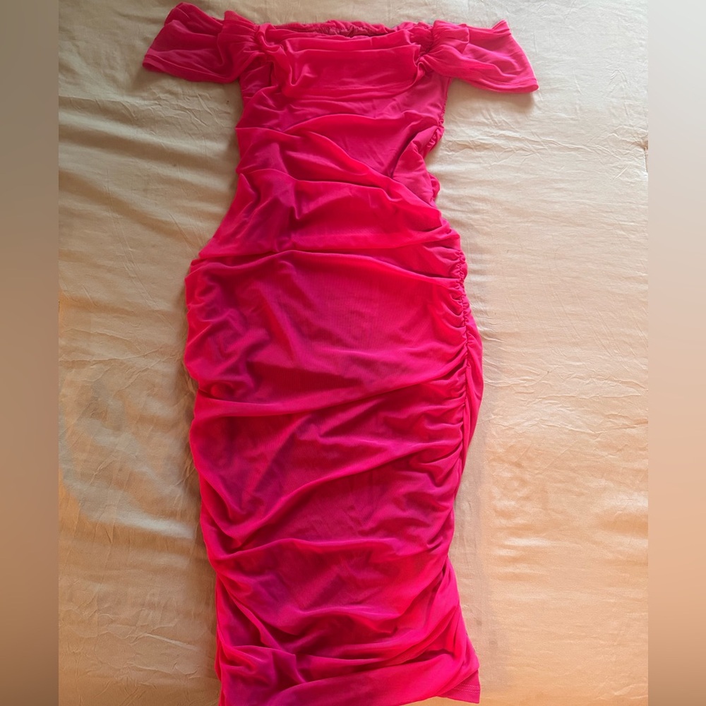 Daisys Boutique Hot Pink Ruched Midi Dress